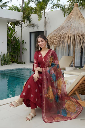 Maroon Embroidered Silk Kurti Pant Set (ACA8336)