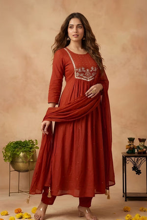 Rust Embroidered Cotton Kurti Pant Set (ACA8337)
