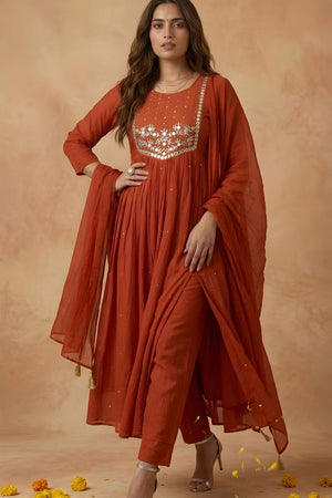 Rust Embroidered Cotton Kurti Pant Set (ACA8337)