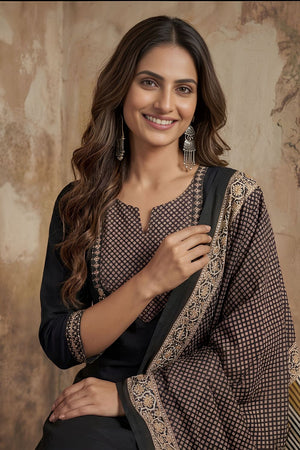 Black Printed Cotton Kurti Pant Set (ACA8338)