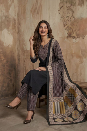 Black Printed Cotton Kurti Pant Set (ACA8338)
