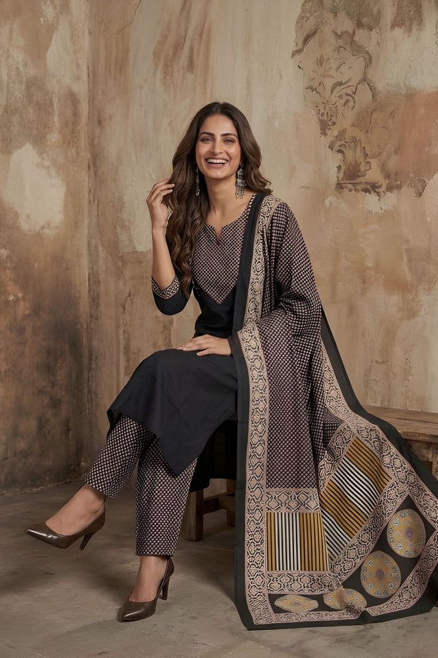 Black Printed Cotton Kurti Pant Set (ACA8338)