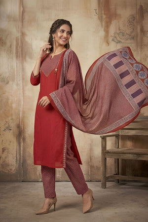 Maroon Printed Cotton Kurti Pant Set (ACA8339)