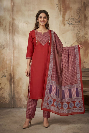 Maroon Printed Cotton Kurti Pant Set (ACA8339)