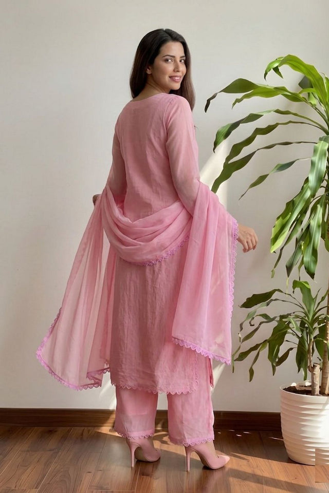 Pink Chikankari Georgette Kurti Pant Set (ACA8340)