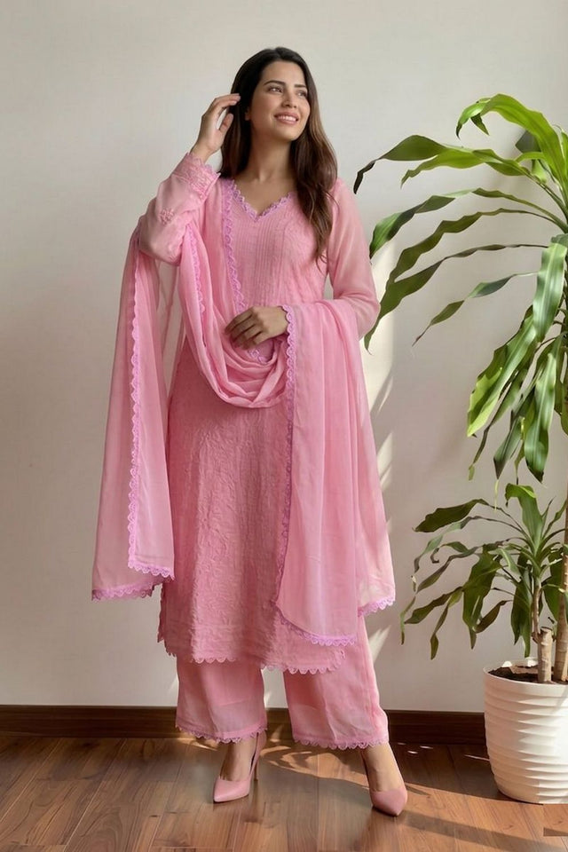 Pink Chikankari Georgette Kurti Pant Set (ACA8340)