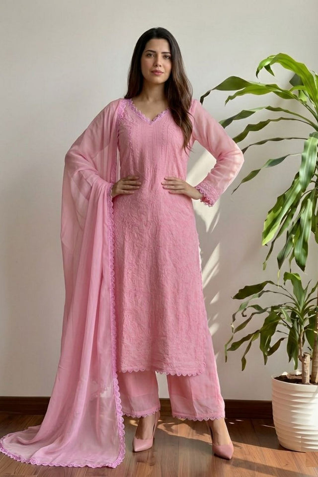 Pink Chikankari Georgette Kurti Pant Set (ACA8340)
