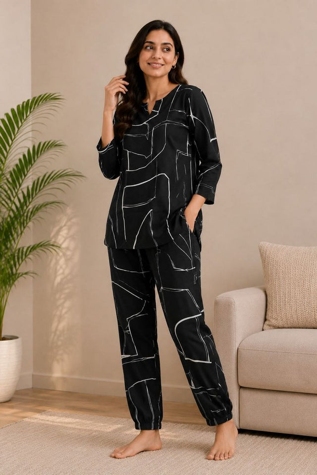 Black Printed Linen Co-ord Set (ACA8355)
