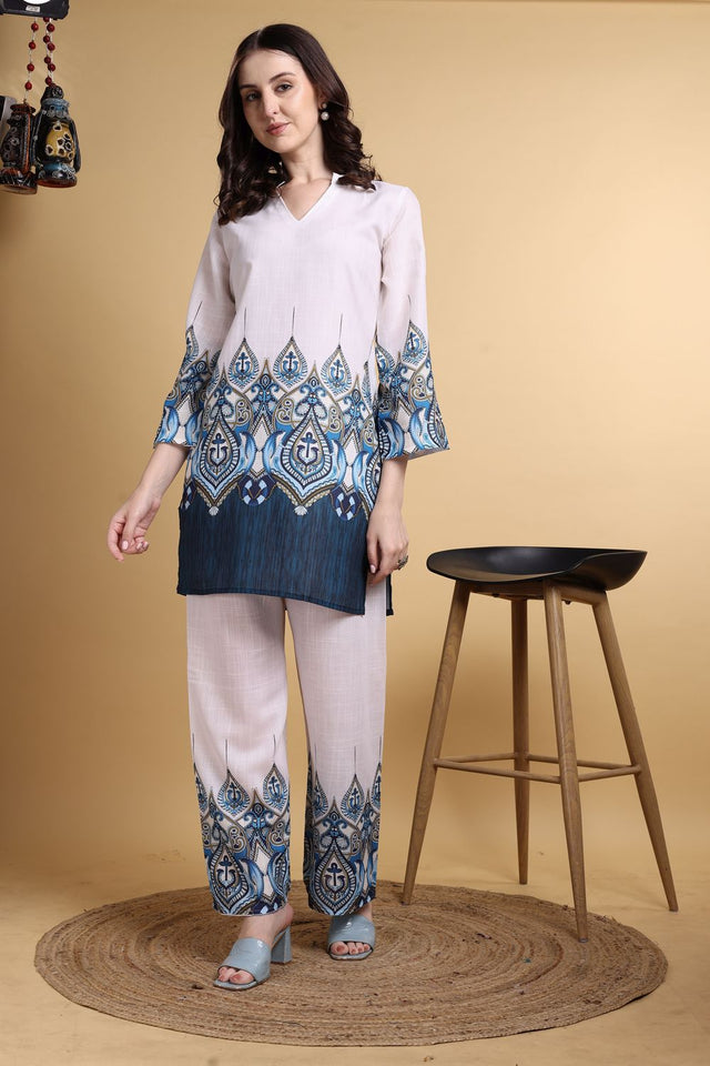 Off White Printed Linen Co-ord Set (ACA8356)