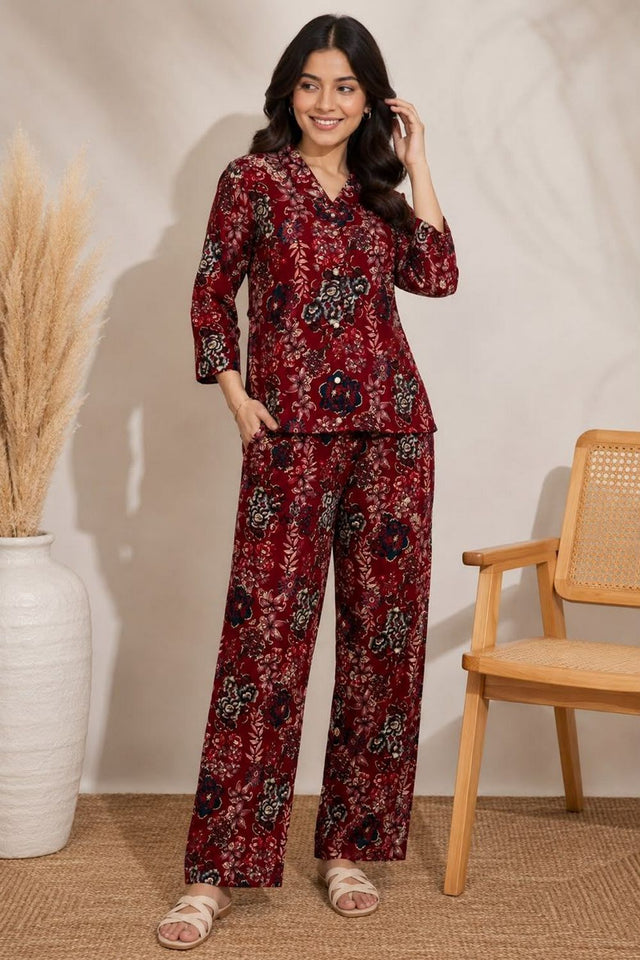 Maroon Printed Rayon Co-ord Set (ACA8358)