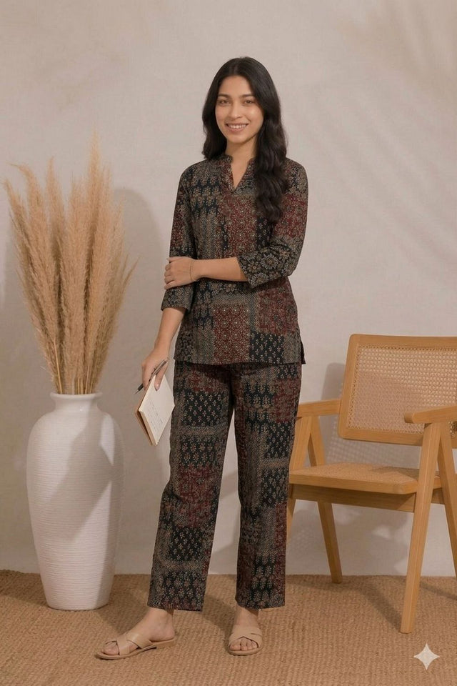 Black Printed Rayon Co-ord Set (ACA8360)