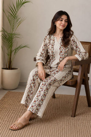 Off White Printed Rayon Co-ord Set (ACA8362)