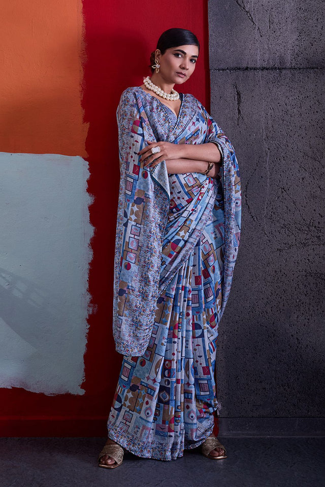 Blue Printed Cotton Saree (ACA8364)