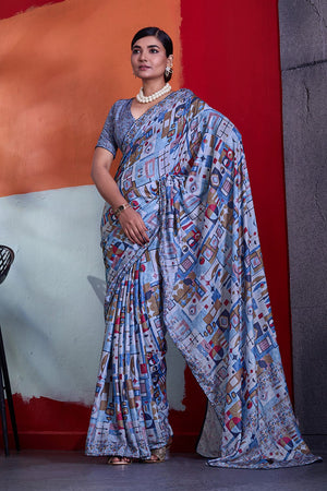 Blue Printed Cotton Saree (ACA8364)