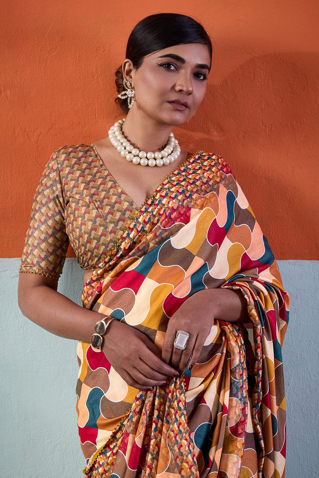 Mustard Printed Cotton Saree (ACA8365)