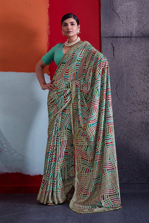 Green Printed Cotton Saree (ACA8366)