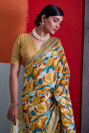 Mustard Printed Cotton Saree (ACA8369)