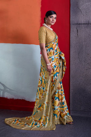 Mustard Printed Cotton Saree (ACA8369)