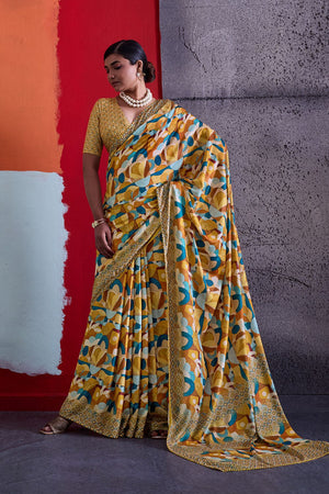 Mustard Printed Cotton Saree (ACA8369)