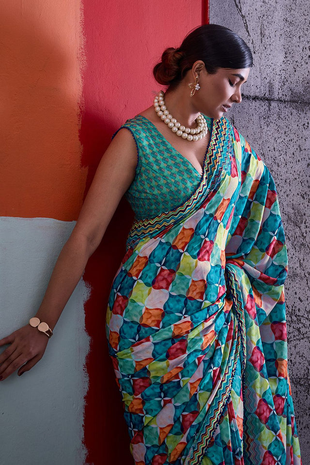 Green Printed Cotton Saree (ACA8371)