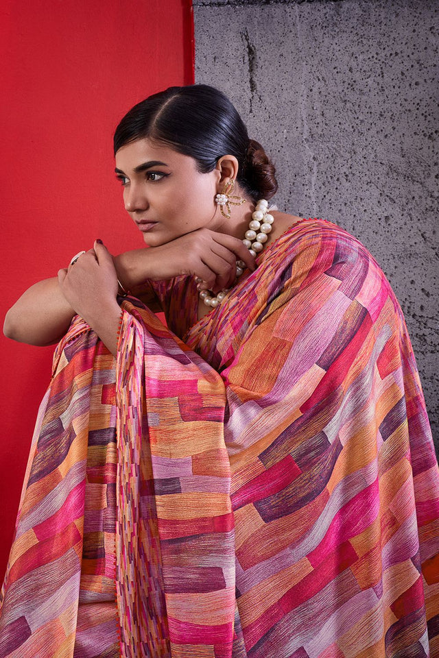 Pink Printed Cotton Saree (ACA8372)