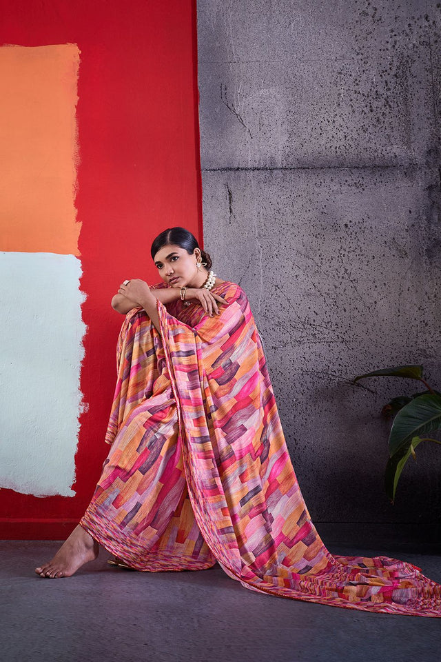 Pink Printed Cotton Saree (ACA8372)