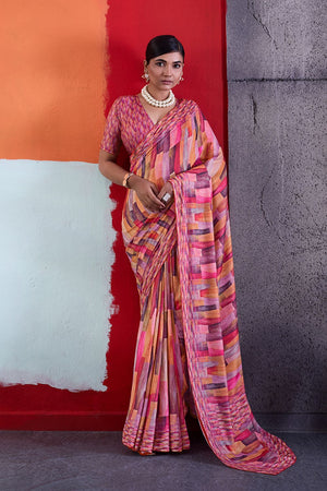 Pink Printed Cotton Saree (ACA8372)