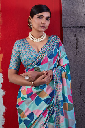 Blue Printed Cotton Saree (ACA8373)
