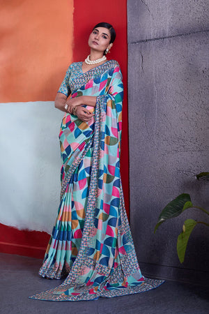 Blue Printed Cotton Saree (ACA8373)