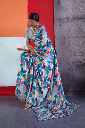 Blue Printed Cotton Saree (ACA8373)