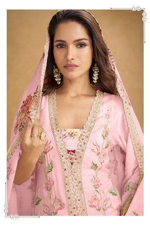Pink Floral Embroidered Chinon Palazzo Suit (ACA8374)