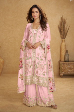 Pink Floral Embroidered Chinon Palazzo Suit (ACA8374)