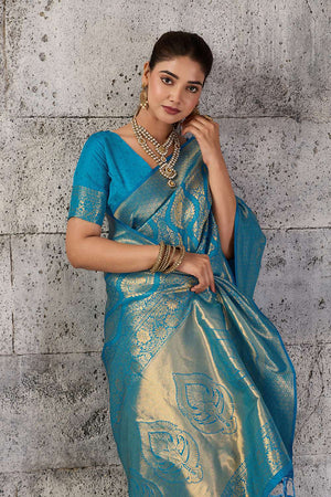 Turquoise Woven with Jacquard Kanjivaram Saree (ACA8390)