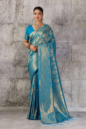 Turquoise Woven with Jacquard Kanjivaram Saree (ACA8390)