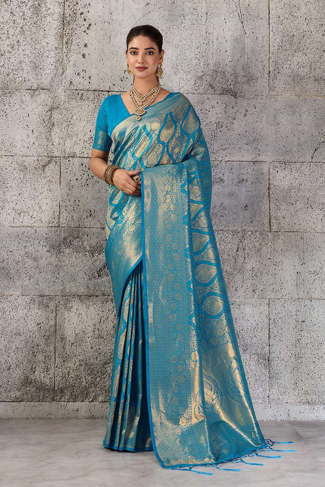 Turquoise Woven with Jacquard Kanjivaram Saree (ACA8390)