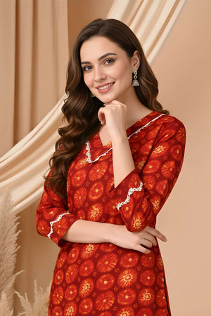 Red Floral Printed Silk Kurti Pant Set (ACA8394)