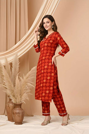 Red Floral Printed Silk Kurti Pant Set (ACA8394)