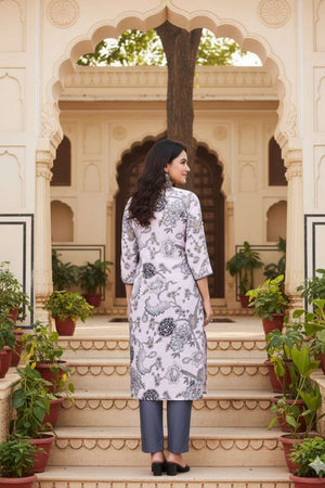 White Floral Printed Cotton Kurti Pant Set (ACA8395)