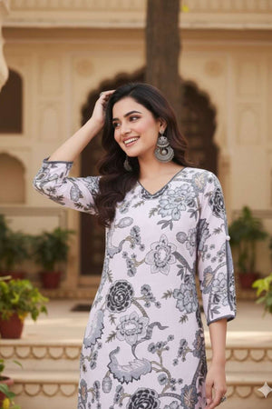 White Floral Printed Cotton Kurti Pant Set (ACA8395)