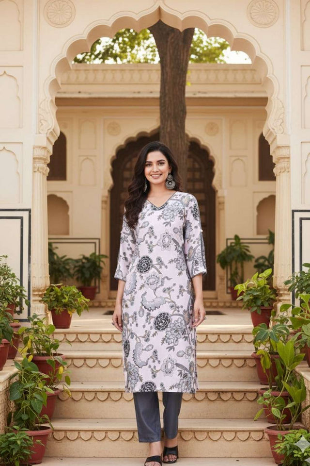 White Floral Printed Cotton Kurti Pant Set (ACA8395)