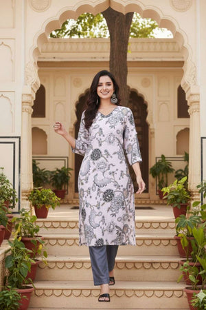 White Floral Printed Cotton Kurti Pant Set (ACA8395)
