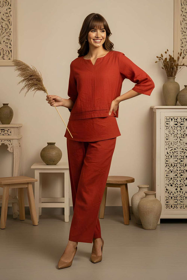 Rust Solid Cotton Kurti Pant Set (ACA8396)