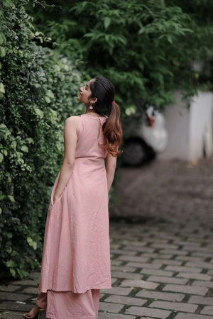 Peach Solid Cotton Kurti Palazzo Set (ACA8399)