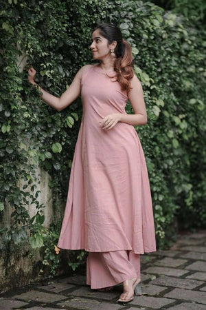 Peach Solid Cotton Kurti Palazzo Set (ACA8399)