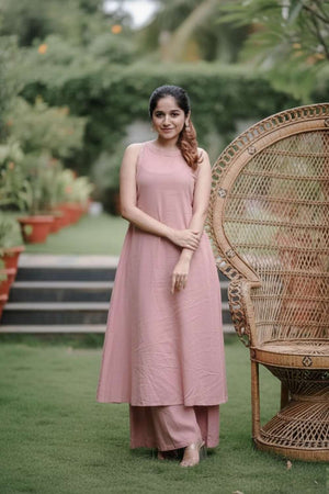 Peach Solid Cotton Kurti Palazzo Set (ACA8399)