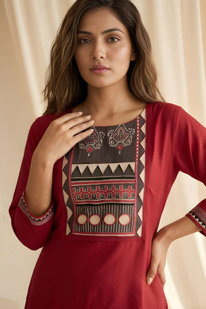Maroon Printed Silk Kurti Pant Set (ACA8400)