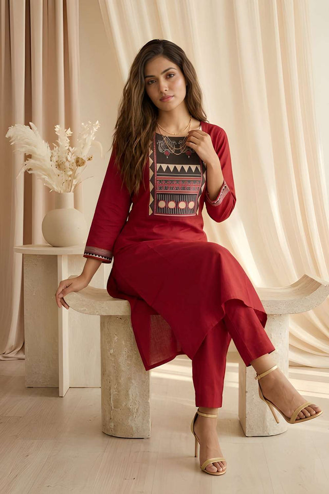 Maroon Printed Silk Kurti Pant Set (ACA8400)
