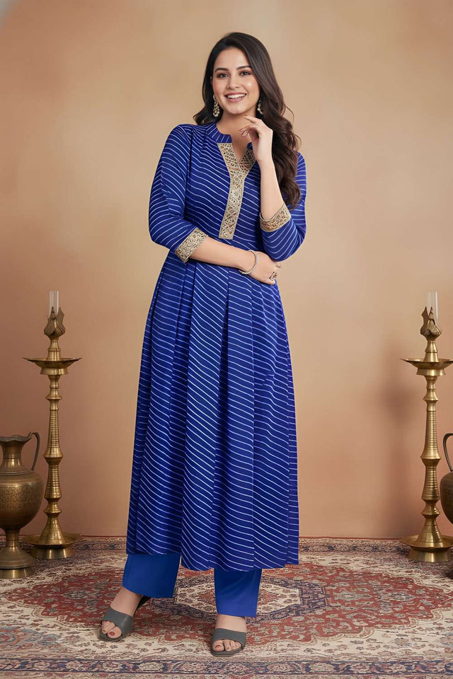Blue Printed Georgette Kurti Pant Set (ACA8401)