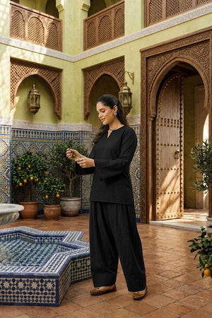 Black Solid Cotton Kurti Palazzo Set (ACA8402)