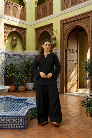 Black Solid Cotton Kurti Palazzo Set (ACA8402)